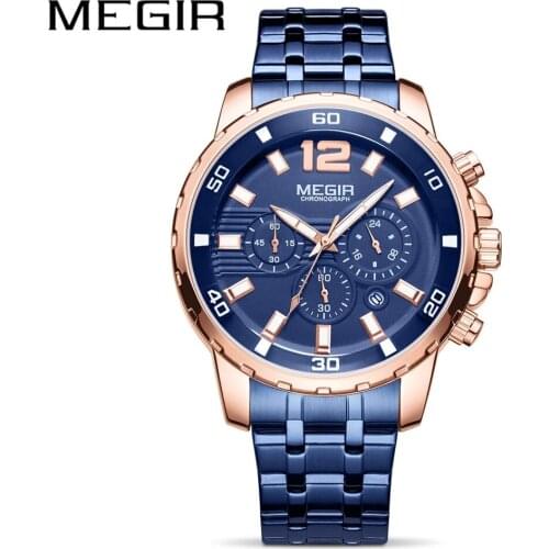 MEGIR Fashion Trend Mens Dial Business Multifunction Chronograph Steel Watch Steel Band Waterproof Quartz Luminous Watches 2068