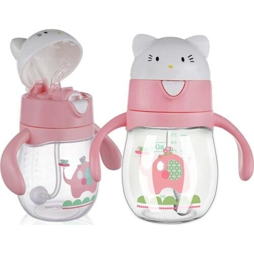 Kids Children Cartoon Animal School Drinking Water Straw Bottle Straw Sippy Baby Cup With Handle Gravity Ball 270ml
