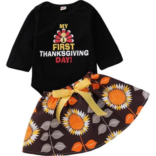 First Thanksgiving Outfits for Baby Girls Sunflower Dress Long Sleeve Romper Turkey Print Tutu Skirt Sets Infant Party Dresses