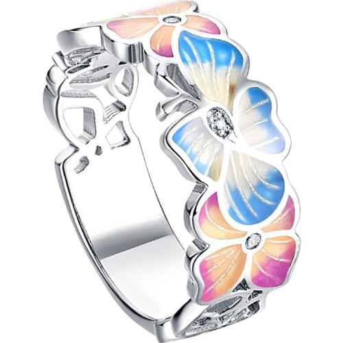 Handmade Color Flower Enamel Lovely Ring For Womans Gift s925 Silver with White CZ stone, Party Fashion Fine Jewelry