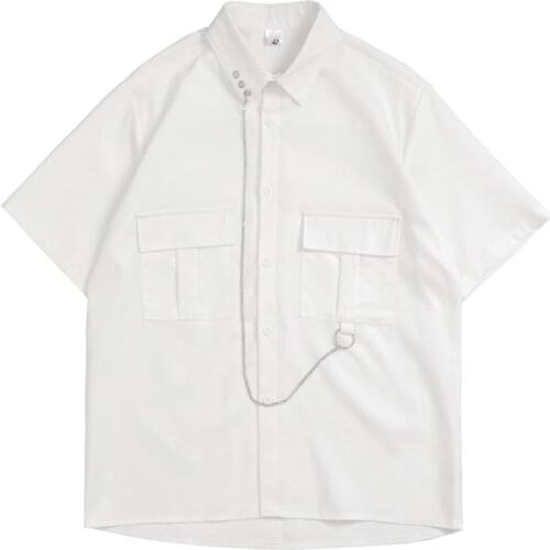 Korean Version Of The Trendy Tooling Shirt Short-sleeved White Retro Bilateral Large Pockets Womens Casual Loose Top 2021 Women