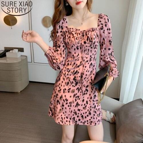 Square Collar Sweet Pink Dresses Women French Fashion Leopard Print Dress 2021 Spring Office Lady Mini Dress Vestidos 12974