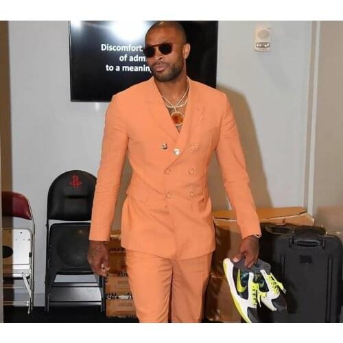 VEIAI Costume Homme New Orange Men Suits Blazer Wedding Suits Slim Fit 2 Pieces Groom Tuxedos Best Mens Prom Suits (Jacket+Pants