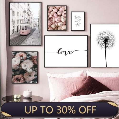 Wall Art Canvas Painting Tram Rose Dandelion Love Quote Nordic Posters and Prints Living Room Decoration Canvas Painting