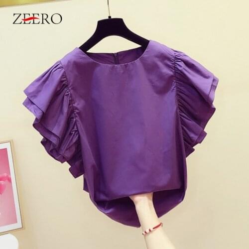 New Korea Style T-Shirts Summer Purple Pullovers Top Solid Color O Neck Ruffles Sleeve Casual Short-sleeve Woman Tops T-Shirts