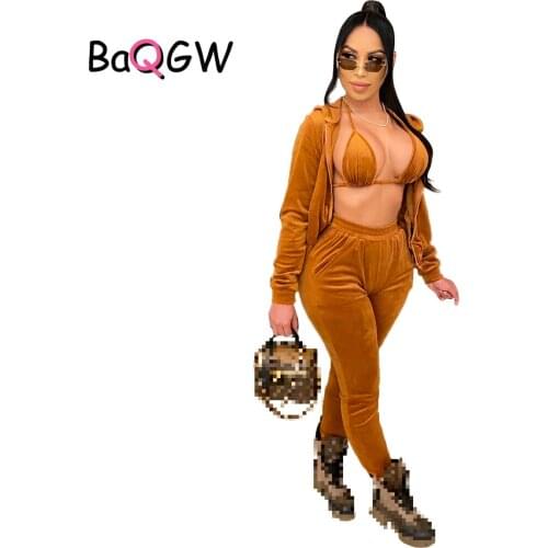 BaQGW Autumn Velvet Sweater Suit Casual New Product Halter Vest + Long Sleeve Jacket + Elastic Pants Velour Three-piece Sets