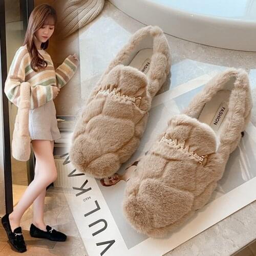 Single shoes womens 2020 autumn and winter fashion flat ins wool shoes round toe casual beanie cotton shoes