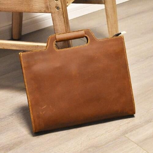 Vintage Handmade Crazy Horse Leather 13" Briefcase Genuine Leather Men A4 Document Bag Handbag