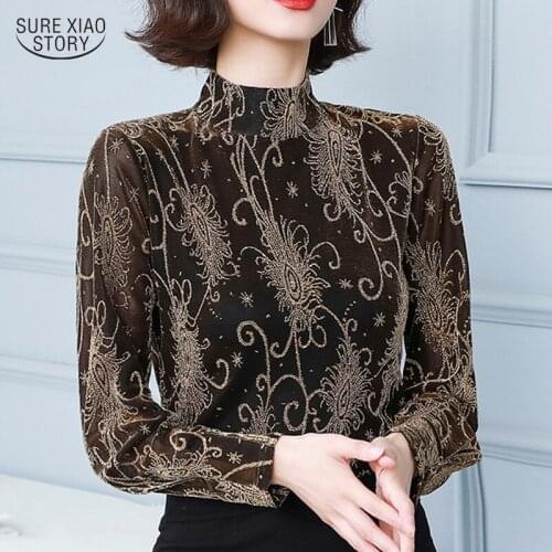 Vintage Splicing Top Blusa Elegant Bright Silk Half High Collar Blouse Sexy Mesh Autumn Fashion Long Sleeve T-shirt Women 16729