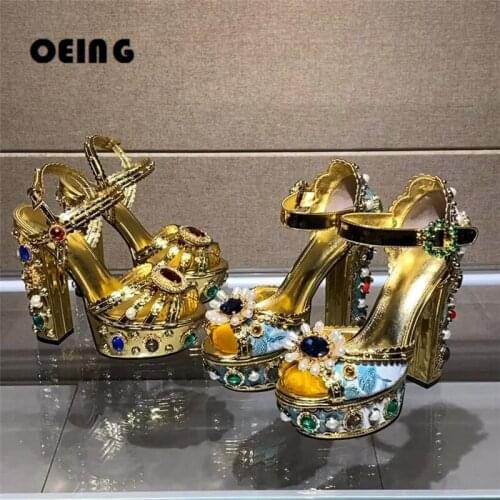 New Summer Women Rhinestone Platform Sandals 14cm Chunky High Heels Wedding Party Sandals Open Toe Ankle Strap Diamond Shoes