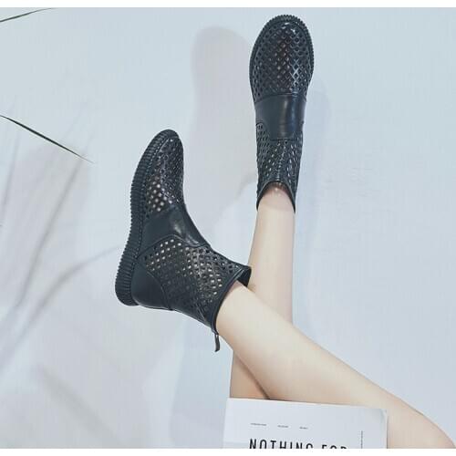 High top cool boots womens new British style summer hollow and breathable LEATHER HOLE BOOTS