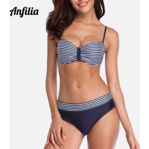 Anfilia Women Bikini Set Retro Striped Swimwear Floral Printed Girls Sexy Swimsuit Underwire Fashion Beachwear Bathing Suit