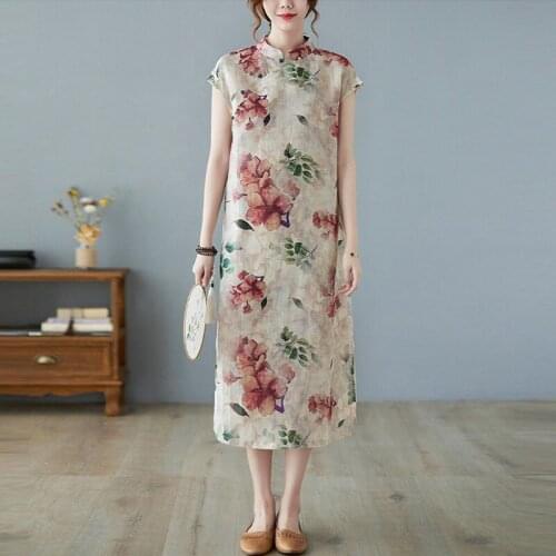 Women Cotton Linen Long Dress New Arrival 2021 Summer Chinese Style Vintage Floral Print Ladies Elegant A-line Dresses B804