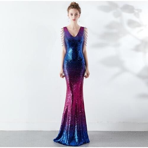 Sexy V Neck Sleeveless Backless Mermaid Long Dress Gradient Sequined Elegant Evening Dresses Ladies Formal Gowns Robe De Soiree
