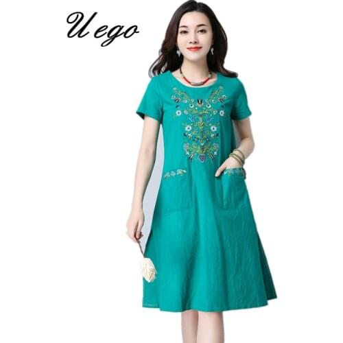 Uego 2021 New Fashion Embroidery Floral Short Sleeve Women Summer Dress Cotton Linen Pockets Plus Size Midi Casual Dress