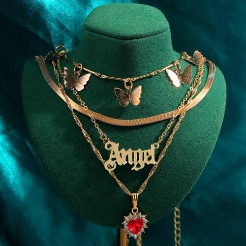 Flatfoosie 4Pcs/set Gold Color Metal Multilayer Angel Choker Necklace Crystal Heart Butterfly Pendants Necklace Women Jewelry