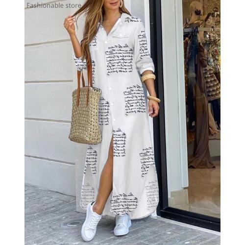 Women Long Sleeve Letters Print Shirt Dress Turn Down Collar Button Through Slit Straight Dress
