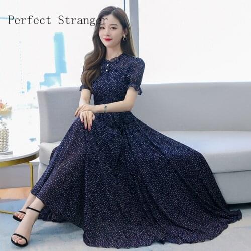 2021 Spring Summer New Arrival Stand Collar Dots Printed Short Sleeve Hot Sale Women Long Chiffon Dress