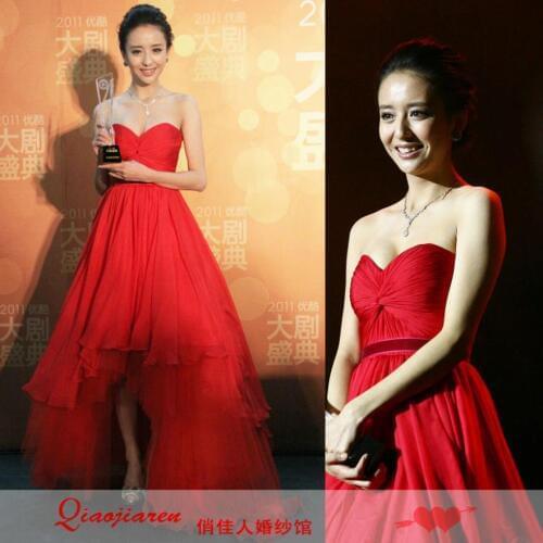 2018 Carpet Prom Empire Sweetheart Bandage New Arrival Sexy Low-high Tube Top Chiffon Corsets red Celebrity bridesmaid Dress