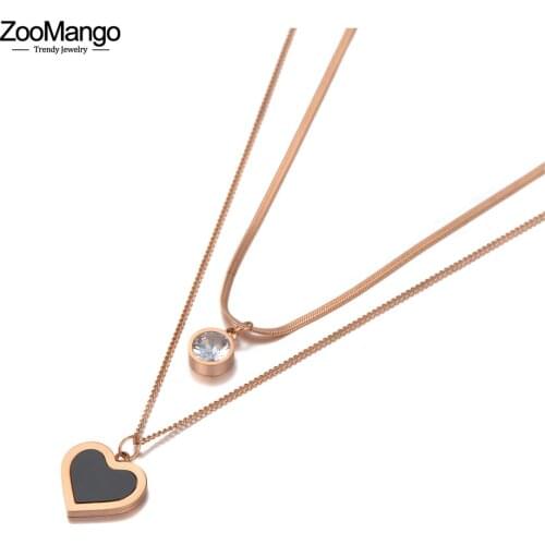 ZooMango Rose Gold Trendy Acrylic Heart Pendant Necklace For Women Stainless Steel CZ Crystal Chain Choker Necklace ZN20145