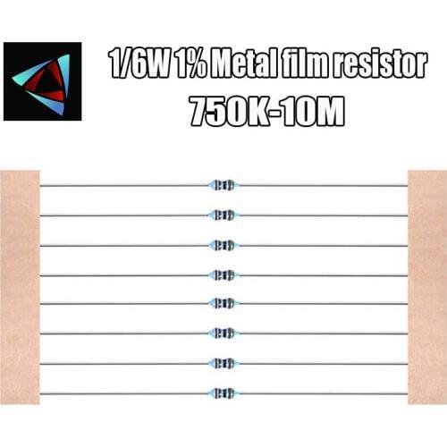 100pcs 1/6W 1% Metal film resistor 750K 820K 910K 1M 1.2M 1.8M 2M 2.2M 2.4M 3M 3.3M 4.3M 10M ohm