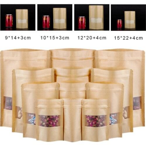 100PCS Packing Zip Lock Kraft Paper Window Bag Stand Up Gift Dried Food Fruit Tea Packaging Pouches Zipper Self Sealing Bags