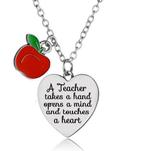 12PC/Lot A Teacher Takes A Hand Opens A Mind And Touches A Heart Apple Pendant Teachers Necklace Gifts Teachers Day Presents