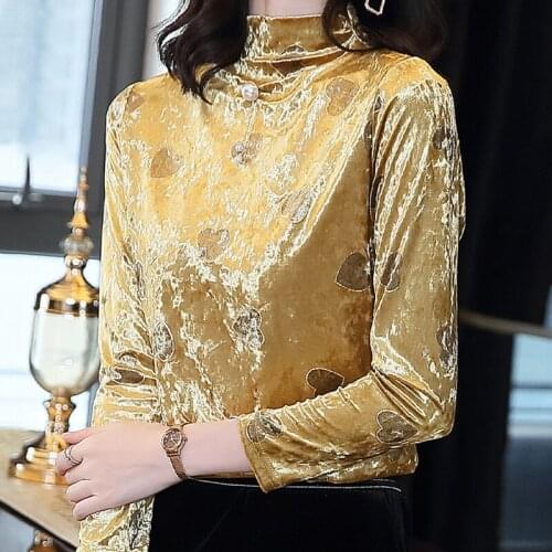 Blouse Women Blusas Mujer De Moda 2021 Long Sleeve Beading Turtleneck Velour Blouse Shirt Tops Blusa Winter Clohtes Women E43