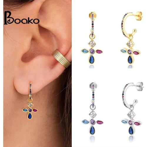 BOAKO Cross Earrings for Women 925 Sterling Silver Earrings Dangle Earrings Charming Crystals Pendant Earring for Girl Jewelry