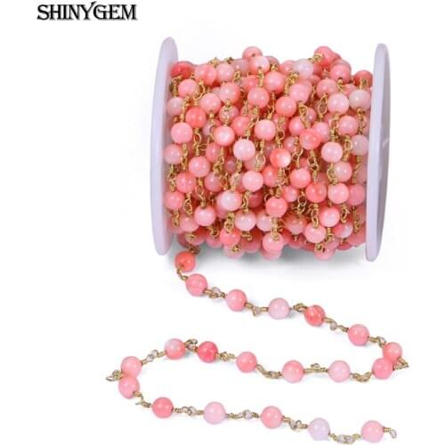 ShinyGem 4mm/6mm Agate/Jade Bead Chain For DIY Jewelry Making 24K Gold Plated Link Chain Natural Stone Rosary Wholesale 5M/Lot