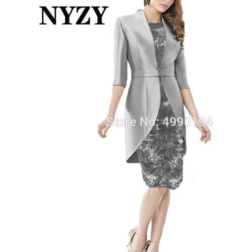 Elegant Satin Jacket 2 Piece Gray Mother of the Bride Lace Dresses NYZY M215 Party Dress Godmother Outfits Church Suits