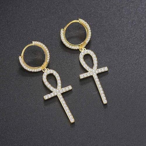 Exquisite Hip Hop Ankh Shaped Earrings For Women Men Personality Iced Out Zircon Punk Earing Trend 2021 Jewelry Wholesale OHE046