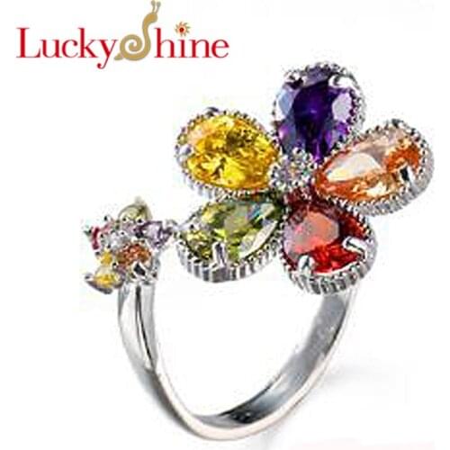 Classic AAAA Fire Flower Multi-Color Mystic Cubic Zirconia Silver Rings Wedding Rings for Women Party Holiday Christmas Gifts