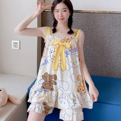 Young Girl Summer Sleepwear Shirt New Sling Shorts Dee Sexy Pajama Set Cute Womens Home Wear Print Pyjamas Young Girl Set