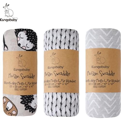 Kangobaby 3pcs/Pack Muslin Baby Wrap Swaddle Newborn Gift Photography Background Stroller Cover 100% Organic Cotton 120x120cm