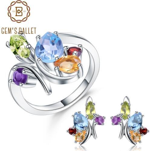 GEMS BALLET Multicolor Natural Garnet Amethyst Gemstone Topaz Ring Earrings Set 925 Sterling Silver Jewelry Sets For Women Fine