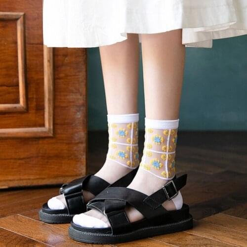 1 Pair New Summer Transparent Casual Floral Print Women Middle Tube Socks Thin Polka Girls Comfortable Breathable Socks