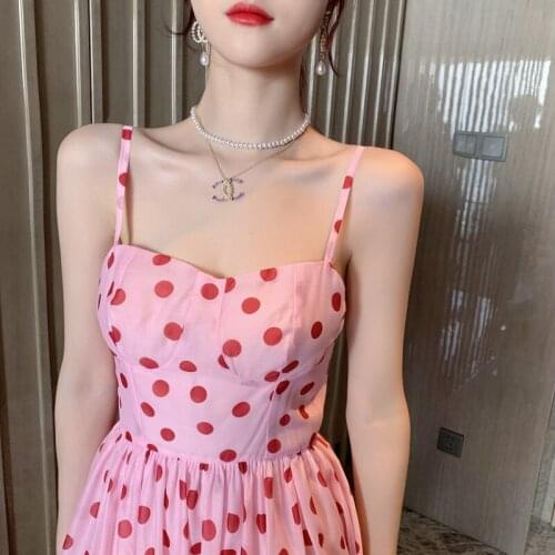 2021 Summer Dress New Holiday Skirt Womens Dress Fresh Wave Point Waist Swing Suspender Dress Womens Dress