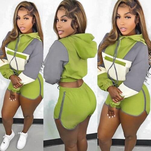 Casual Color Block Patchwork Short Tracksuit Women Sportswear Fitness Zipper Long Sleeve Top + Biker Shorts Two Piece Set Outfit