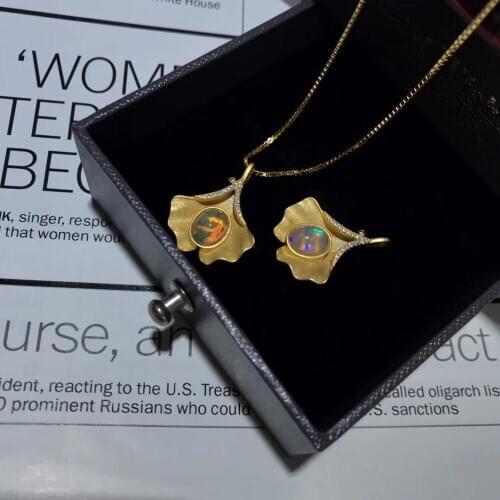 S925 Silver ginkgo leaf Necklace,Handpicked Natural Opal women Necklace With silver chain,Gem jewelry commemoration day gift