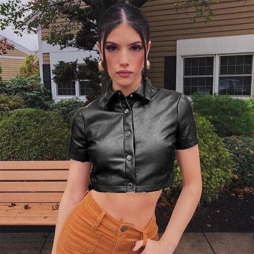 ZKYZWX Sexy Pu Leather Button Up T Shirt Top Summer Outfits for Women Office Lady Vintage Clothes Short Sleeve Club Crop Tops