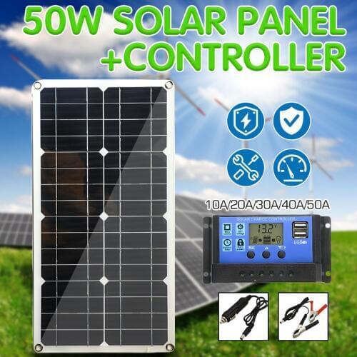 50W Solar Panel Dual USB Solar Cells Output Poly Solar Panel 10/20/30/40/50A Controller for Car Yacht 12V Battery Boat Charger