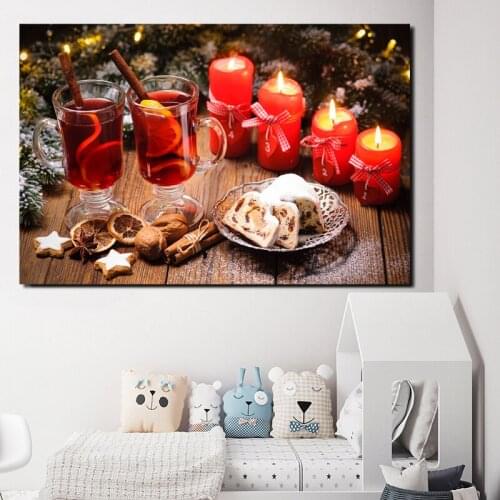 Cake Candles Drinks Christmas Canvas Painting Print Bedroom Kitchen Home Decor Modern Wall Art Oil Painting Poster Salon Picture