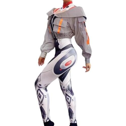 Luminous Fluorescence Two-Piece Suit Women Printed Jumpsuit Robot Stretch Skinny Jumpsuit Halloween Cosplay Costume