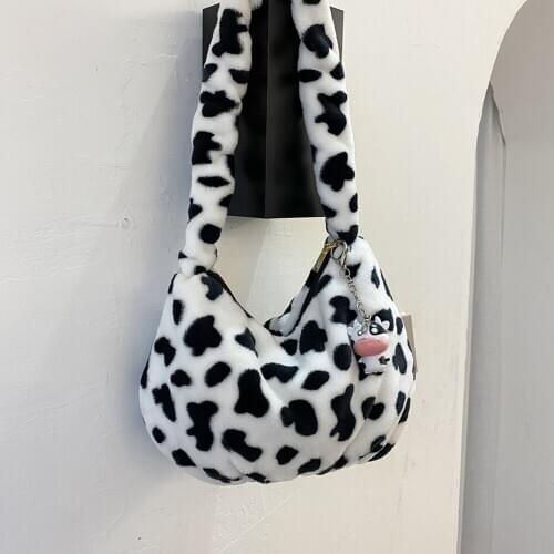 Autumn Cow Printed 2021 New Fashion Cartoon Plush Bear Handbag Dumpling Bags Branded Retro Shoulder Winter Bag Vintage