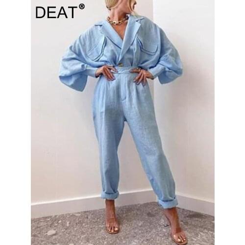 DEAT 2021 New Women Fashion Loose Solid Color Turn-down Collar Long Sleeve Shirt And High Waist Trousers Spring And Autumn 7E396