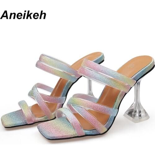 Aneikeh Sapatos Das Mulheres Summer 2021 Spike Heel Squared Toe Slippers PU Slides Leisure Bling Outside Casual Color Party