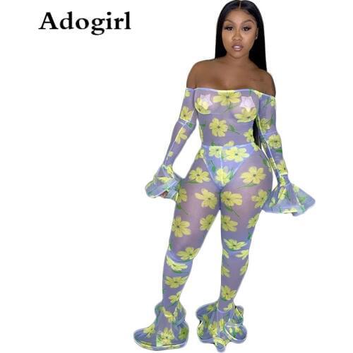 Adogirl Sheer Mesh Night Club Party Jumpsuit Sexy Women Slash Neck See Through Ruffles Floral Print Jumpsuit Combinaison Femme