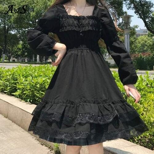 Anbenser Japanese Gothic Style Lolita Dress Women Princess Black High Waist Puff Sleeves LO Dresses Lace Ruffle Party Mini Dress
