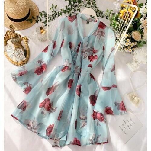 Womens spring summer long flare sleeve flower print chiffon dress female formal party A-line beach dress TB788
